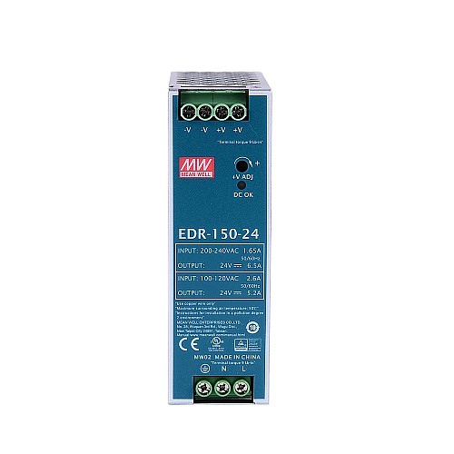 EDR-150-24 MEANWELL 150W 24VDC 5.2A 115VAC/6.5A 230VAC Single Output Industrial DIN RAIL - EDR-150-24 | StepperOnline AU