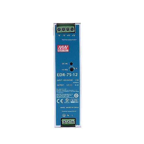 EDR-75-12 MEANWELL 75.6W 12VDC 6.3A 115/230VAC Single Output Industrial DIN RAIL - EDR-75-12 | StepperOnline AU