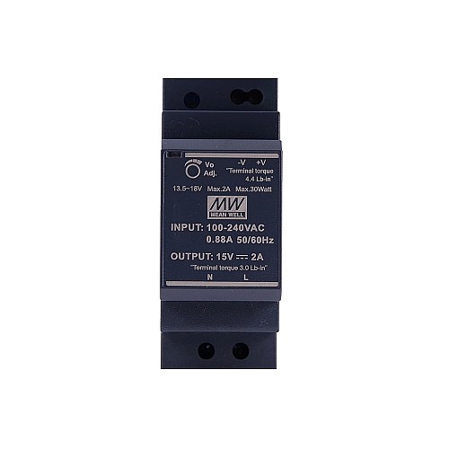 HDR-30-15 MEANWELL 30W 15VDC 2A 115/230VAC Ultra Slim Step Shape DIN Rail Power Supply - HDR-30-15 | StepperOnline AU