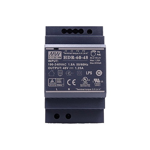 HDR-60-48 MEANWELL 60W 48VDC 1.25A 115/230VAC Ultra Slim Step Shape DIN Rail Power Supply - HDR-60-48 | StepperOnline AU