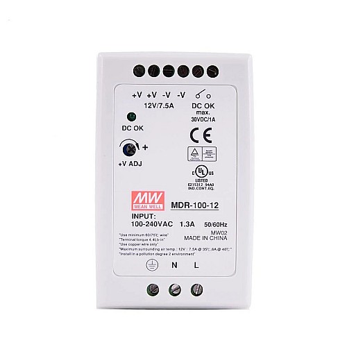 MDR-100-12 MEANWELL 100W 12VDC 7.5A 115/230VAC DIN Rail Power Supply - MDR-100-12 | StepperOnline AU