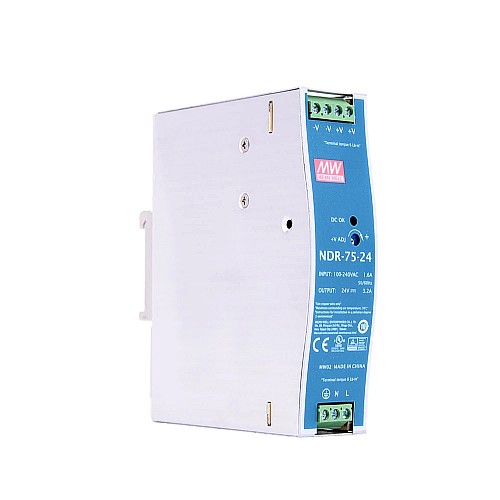 NDR-75-24 MEANWELL 76.8W 24VDC 3.2A 115/230VAC Single Output Industrial DIN RAIL - NDR-75-24 | StepperOnline AU