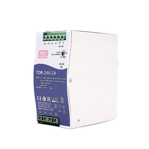 TDR-240-24 MEANWELL 240W 24VDC 10A 400/500VAC Slim Three Phase Industrial DIN Rail With PFC Function - TDR-240-24 | StepperOnline AU