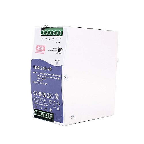 TDR-240-48 MEANWELL 240W 48VDC 5A 400/500VAC Slim Three Phase Industrial DIN Rail With PFC Function - TDR-240-48 | StepperOnline AU