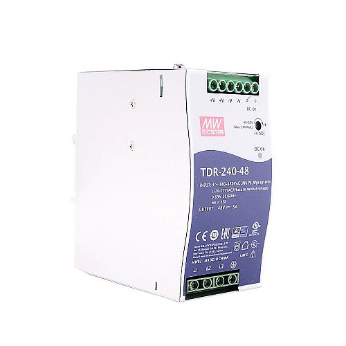 TDR-240-48 MEANWELL 240W 48VDC 5A 400/500VAC Slim Three Phase Industrial DIN Rail With PFC Function - TDR-240-48 | StepperOnline AU