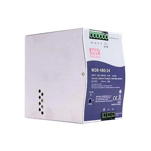 WDR-480-24 MEANWELL 480W 24VDC 20A 230/400VAC UltraWide Input Industrial DIN Rail Power Supply - WDR-480-24 | StepperOnline AU