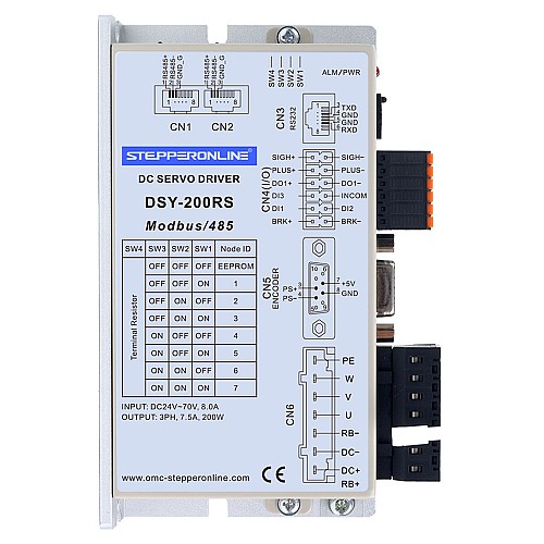 DSY Series 200W RS485 DC Servo Motor 24-70VDC 0.637Nm w/ Brake 3000rpm 17-Bit Incremental Encoder IP65 - DSY-RS200L2B2-M17S | StepperOnline AU